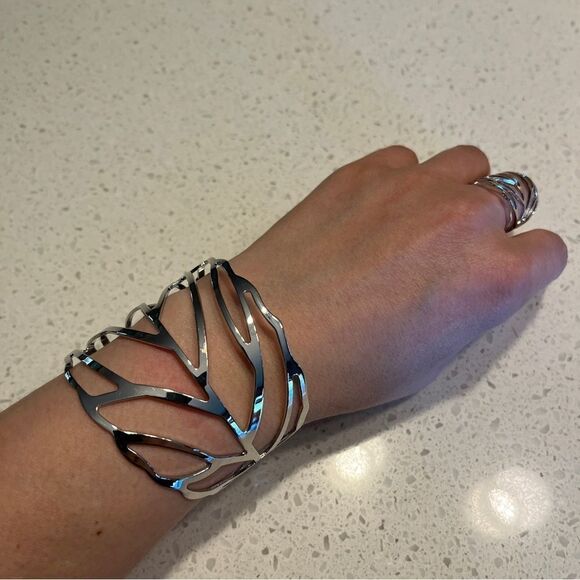 Bangle bracelet & Ring set Metal Leaf Design silver color - Picture 7 of 12